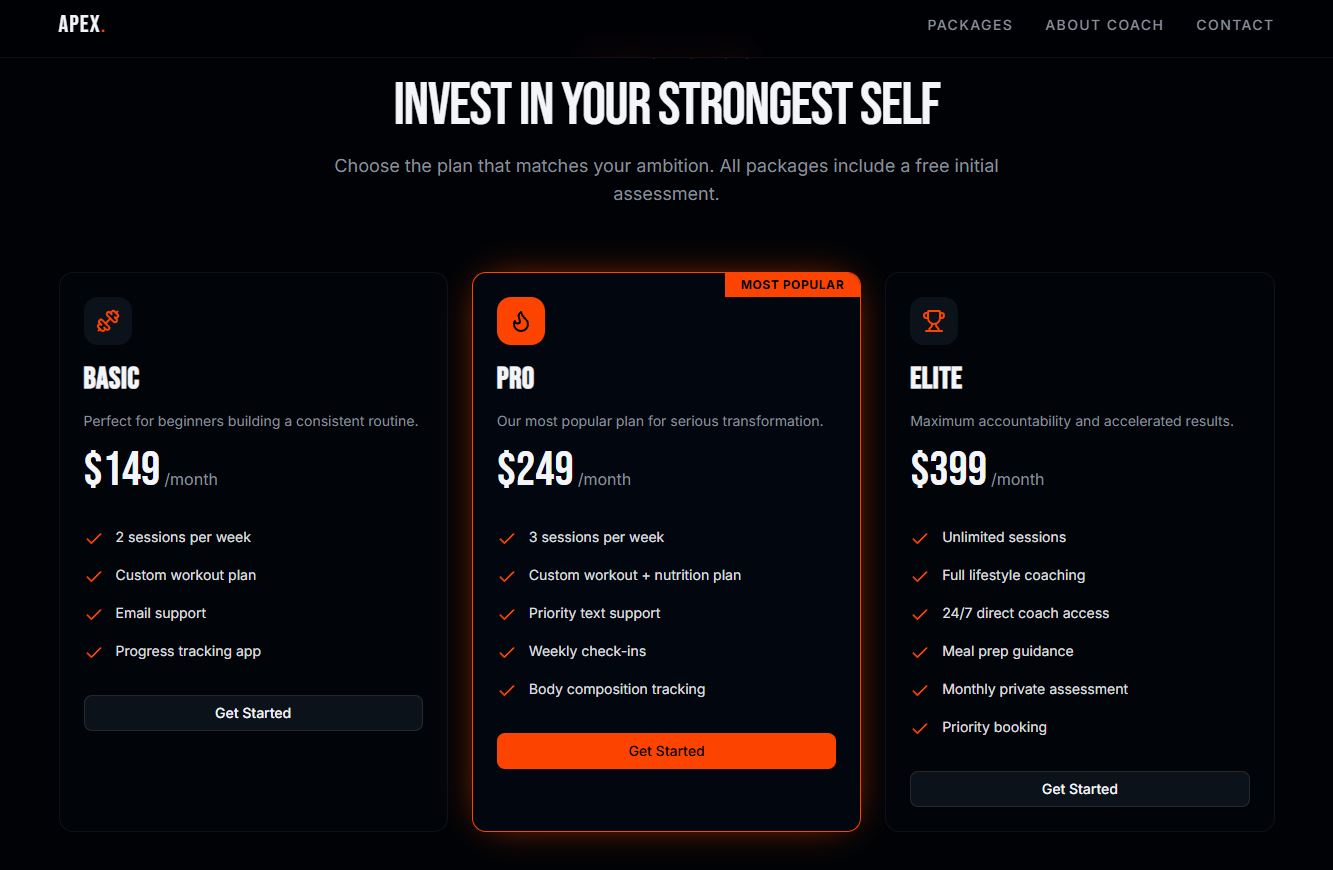 Apex Fitness desktop website layout