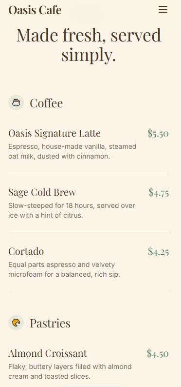 Oasis Cafe mobile website layout