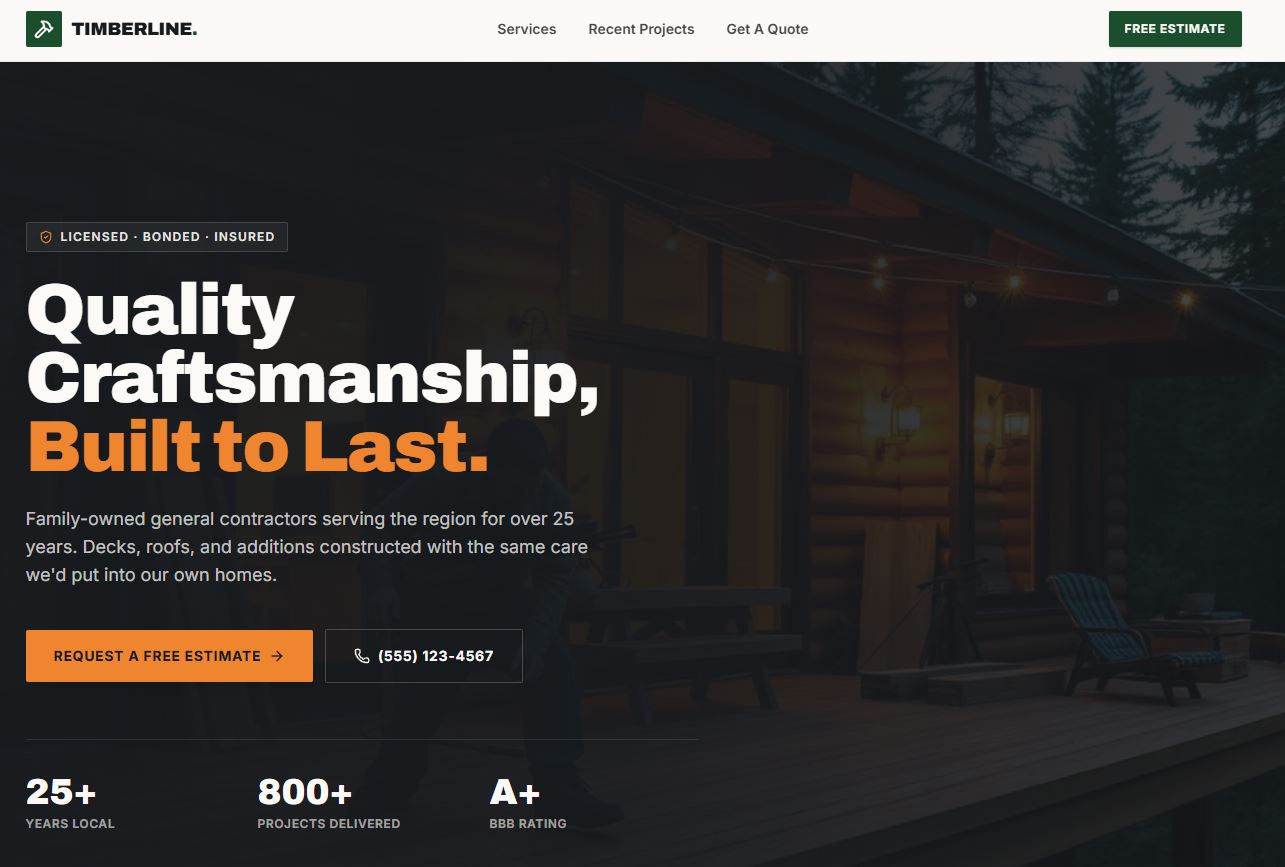 Timberline Contractors desktop website layout
