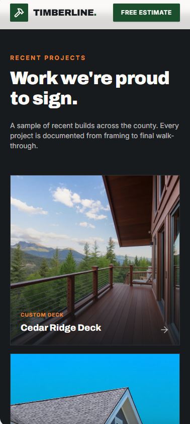 Timberline Contractors mobile website layout